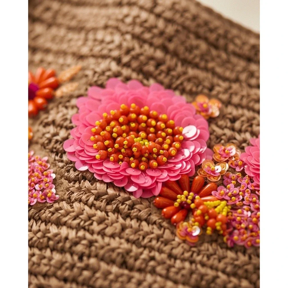 New Anthropologie Handcrafted Woven Straw Floral Beaded Sequin Tote Bag Tan Pink
